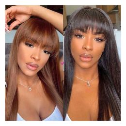 Remy Human Hair Wigs Full Wig with Bang Brown Natural Colour Long Straight Machine Made Wig with Fringe No Glue Bobbi Collection