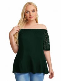 plus Size Elegant Summer Lace Patchwork Half Sleeve Top Women Blackish Green Sexy Sl Neck T-shirt Tee Plus Size Clothing 7XL r71e#