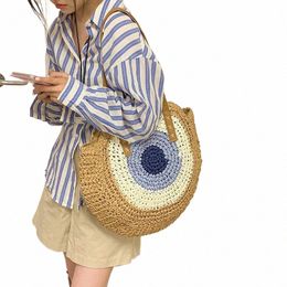 large Capacity Round Women Fiable Straw Woven Shoulder Bag Handmade Summer Beach Travel Holiday Women Tote Bags w0As#