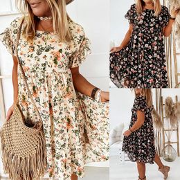 Summer Flying Sleeves Round Neck Fashion Floral Dress For Women