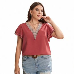 plus Size Women T-shirt New Summer Red Brown Lace V-neck Loose Top For Women Fi Tops j60M#