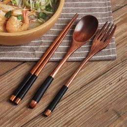 Dinnerware Sets Japanese Retro Polish Wooden Spoon Fork Chopsticks Cutlery Set Ramen Miso Soup Household Non-slip Handle Wood