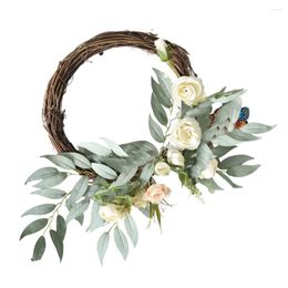 Decorative Flowers Rattan Rose Wreath Simulation Lifelike Wicker Flower Leaf Round Pendant Coverage Spring For Home Shop Wedding