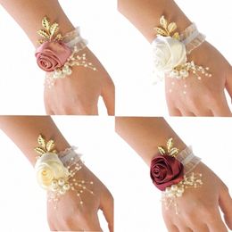 bridal Wrist Corsage Silk Rose Wedding Hand Fr Wristband Bracelet For Bridesmaid Girls Jewellery Party Marriage Accory 08fw#