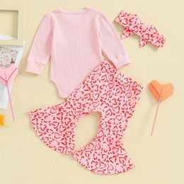 Clothing Sets Baby Girls Fall Outfits Letter Print Long Sleeve Rompers Heart Flare Pants Headband 3Pcs Clothes Set