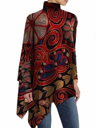 turtleneck Women Plus Size Tee Top Casual Floral Printed Vintage Casual Smock Top Autumn High Street Irregular Hem Loose T Shirt X51i#