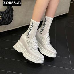 Casual Shoes White Genuine Leather Chunky Sneakers Women Autumn Winter Platform Vulcanize Woman Thick Bottom Hidden Heels Sport