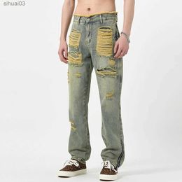 Men's Jeans Street clothing fashion removing tapered jeans washing breaking ankles zippers slim fit tearing jeans mens straight leg pants original edgesL2403