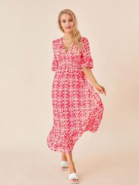 Casual Dresses 2024 Women's Summer Bohemian Midi Dress Floral Print Half Sleeve V Neck Elastic Waist Loose Beach