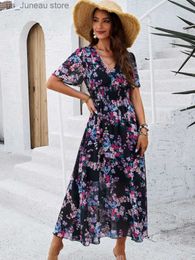 Basic Casual Dresses Bohemia A-line Floral Print Short Slve Maxi Dress Women Chic V-neck Elastic Waist Vintage Female Summer Party Dress 2024 New T240330