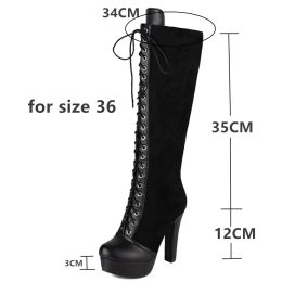 Vintage Lace Up Knee High Boots Women Winter Shoes Platform High Heels Women's High Boots Black Khaki Tall Long Shoes Large Size