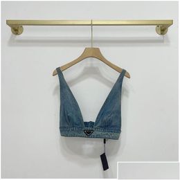 Women'S Tanks Camis Womens Summer Washed Denim Tank Top With Triangle Label Bra And Open Back Vest Sexy Fashion Versatile Drop Del Dht0C