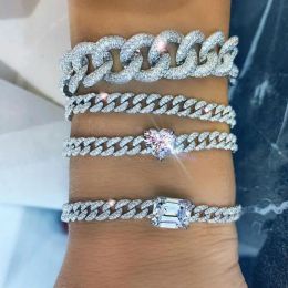 Bracelets Valentine's Day Girlfriend Gift Heart Cz Iced Out Bling CZ Charm Miami Cuban Link Chain Classic Bracelet Adjusted Size Jewelry