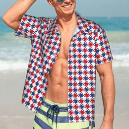 Men's Casual Shirts Summer Shirt Beach Retro Houndstooth Blouses Red White And Blue Men Short Sleeve Harajuku Tops