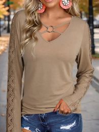 Women's Blouses Spring Lace Stitching Criss-Cross Long Sleeve Blouse 2024 Women V-Neck T-Shirts Office Elegant Fashion Female Vintage Top