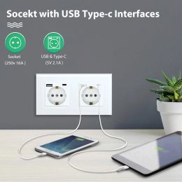 BSEED Touch Light Switch EU Standard Wall Socket With USB Type-C Crystal Glass Panel White Color Power Plugs 1/2/3Gang Switch