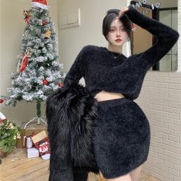 Autumn Spring Women Mini Furry Skirt Faldas Mujer Moda Slim Sexy High Waist Wrap Hip Black Bottom Wild Woollen Elegant Korean