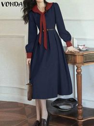 Casual Dresses VONDA Women Elegant Midi Dress 2024 Fashion Lapel Collar Bow Knot Long Sleeve Sundress Loose Solid Colour Pleated Vestido