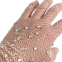 Sexy Mesh Gloves With Rhinestones Pearl Performance Hollow Fishing Net Punk Hiphop Women's Gloves Diamonds Sexy Fishnet Gloves