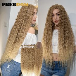 Weave Weave FREEDOM Synthetic Curly Hair Ombre Blonde Afro Kinky Curly Hair Bundles With Closure 30 inch Long Wave Hair Weave