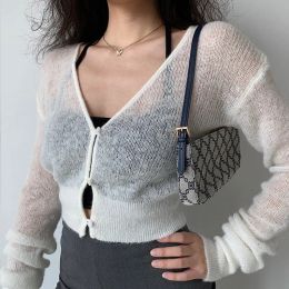 Karrram Sexy See Through Cropped Cardigan Women Thin Hollow Out Knitted Cardigans Long Sleeve V-neck Sweater Crop Tops Korean