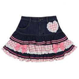 2024 Sweet Lolita Mini Denim Skirts Women Gothic Lace Plaid Hearts Ruffles Jk Skirt Japanese Girls Sexy Y2k Punk Tiered Skirt 240327