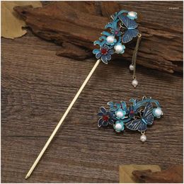 Hair Clips Barrettes Chinese Hanfu Accessories Freshwater Pearl Tassel Stick Retro Butterfly Hairpin Accessory Drop Delivery Jewellery H Otei7