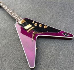 Custom Shop Trans Purple Flame Maple Top Flying V Electric Guitar Black Pickguard String Thru Body Bridge Gold Hardware9881011