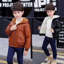 6 9 10 11 12 Years Children Boys Girl Hooded Fur Zipper Biker Leather Jacket Winter Warm Fleece Coat Children Teenager Outerwear