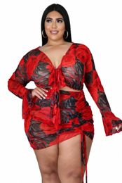 cm.yaya Women Plus Size Set Print Mesh Full Flare Sleeve Bandage Crop Tops Shirring Skirts Two 2 Piece Sets Sexy Outfit Summer Y4Uy#