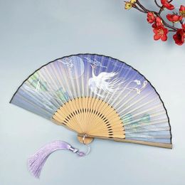 Decorative Figurines Phoenix Printed Folding Fan With Hanfu Dance Clothes Hand Silk Fabric Summer Refreshing Bamboo Crafts Shouc Decoration