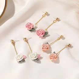 Dangle Earrings Minar Retro Pink White Color Resin Acrylic Rose Flower Rhinestone Long Tassel Drop For Women Statement Vintage Jewelry