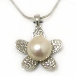 Pendant Necklaces 18 Inches Multiple Shiny Zirconia Flower Style 12-13mm White Button Pearl Sterling Silver Pendent Necklace