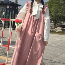 Casual Dresses 2024 Japanese Pink Tank Dress Women Sundress Sleeveless Camisole Girl Cute Ruffles Tie Bow Pockets Summer Long