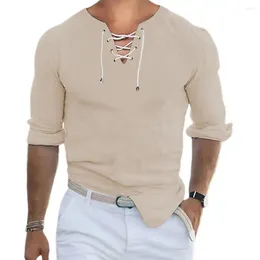 Men's Casual Shirts Regular Fit Men Shirt Long Sleeve Retro Lace-up V Neck With Slim Sleeves For Spring Daily