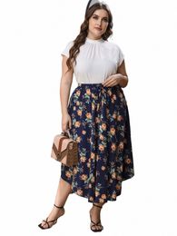 finjani High Low Ruffle Hem Skirt Fi 2022 High Waist Ditsy Floral Allover Print Knot Flared Skirts Plus Size Women Clothing Q3VO#