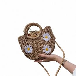 handwoven Daisy Straw Rattan Half-Mo Beach Handbag Large Capacity Women Summer Hollow Out Crossbody Shoulder Bag R4WI#