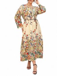 gibsie Plus Size Floral Print Belted Maxi Dr Women 2023 Autumn New Vintage Lg Sleeve O-Neck Casual Loose Boho Dres a9rP#