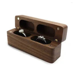 Jewelry Pouches Walnut Wood Ring Box Gift Portable Flip Cover Wedding Case 2-Slot Rectangular Display Proposal