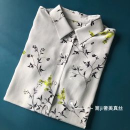 Sand washed silk series simple and grand Chinoiserie style women's shirt grey bottom wintersweet printed silk shirt