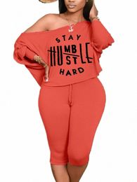 lw Plus Size Figure Butterfly Letter Print Loose Pants Set One Shoulder Tee+Sheath Stretch Trousers Matching Outfits For Women q9pS#