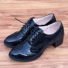 Dress Shoes Patent Leather 5CM Heel Single Big Yards Lace Up Brogue Women's Carved Oxfords Female 34-43
