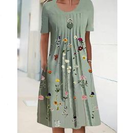 Summer Womens Round Collared Long Dress Floral Print For Women