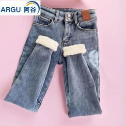 Women's Jeans Light Blue High Waist Thickened Lamb Fleece Denim Pants Winter Warm Cashmere Stretch Skinny Pencil Trousers