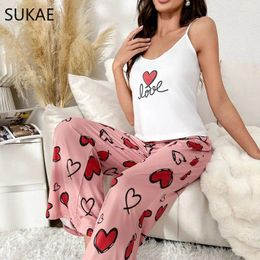 Home Clothing SUKAE Summer Sleeveless Slip Wide Leg Pants Pajamas Set For Women Nightwear Sweet Heart Printing Milk Silk Sling