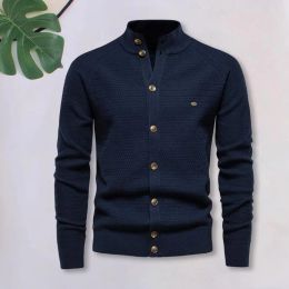 Men Knitting Cardigan Solid Colour Cardigan Stylish Men's Knitwear Slim Fit Single Breasted Cardigan With Stand Collar Ribbed