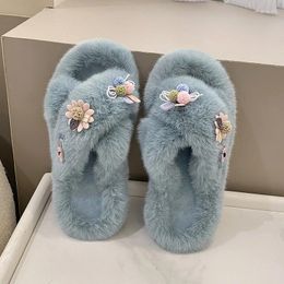 Slippers Women's 2024 Style Winter Home Plush Cross Fluffy Flat Indoor Shoes Women