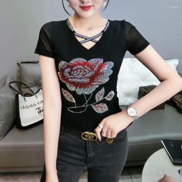 Women's T Shirts 2024 Summer Fashion Korean T-shirt Clothes Sexy Hollow Out Diamonds Rose Women Tops Ropa Mujer Mesh Tees