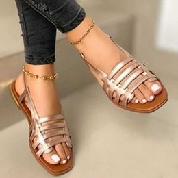 Sandals Casual low heel open top womens sandals 2024 new hot selling summer single button shoelaces Pu H240328