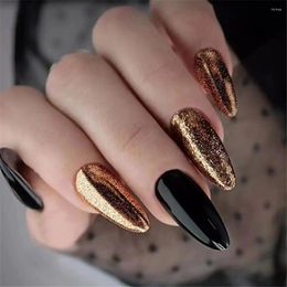False Nails Sweet Cool Black Gold Fake Nail Tips With Designs French Almond Set Press On Full Cover Manicure
